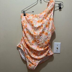 NEW Kona Sol Pink Orange Floral One Shoulder One Piece Swim Bathing Suit Medium